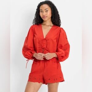 ♥️ FUTURE COLLECTIVE Long-Sleeve Eyelet Tie-Front Poplin Blouse M or XXL Red